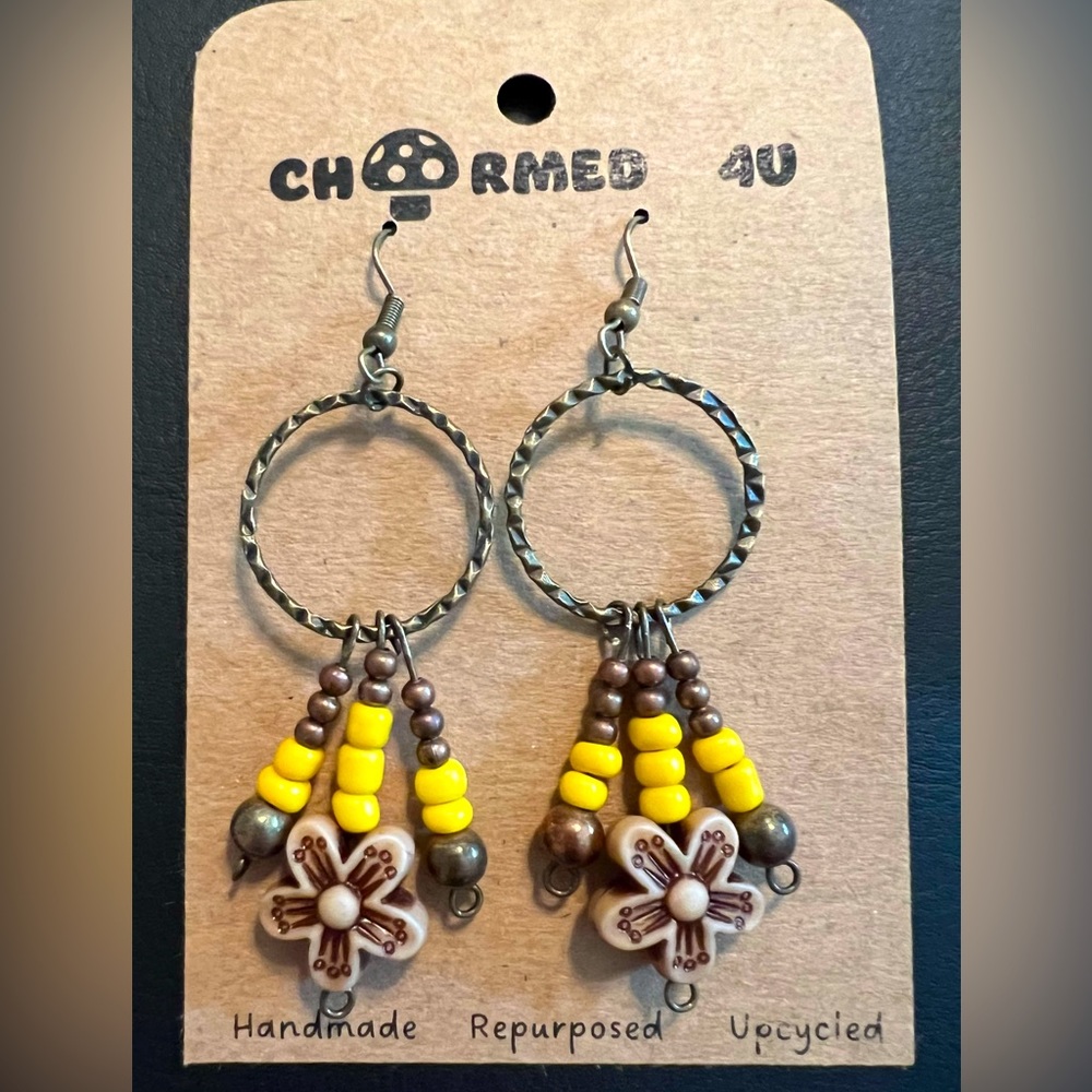 Brown, bronze and yellow flower beaded dangle earring